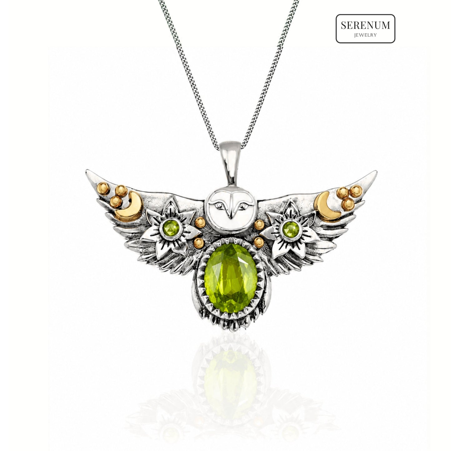 Silver Flying Owl Necklace with Moonstones