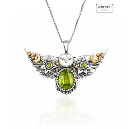 Silver Flying Owl Necklace with Moonstones