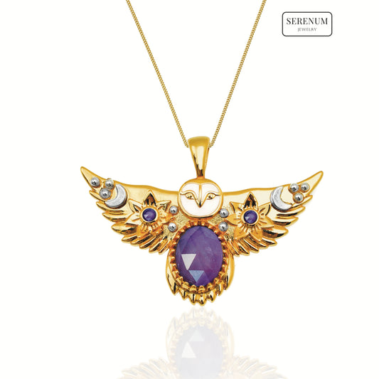 Gold Flying Owl Necklace with Amethyst gemstones