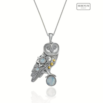 Silver Oracle Owl Pendant with Moonstones