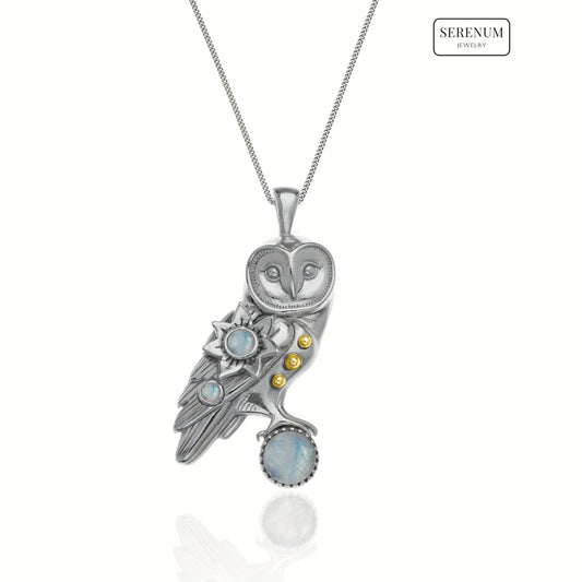 Silver Oracle Owl Pendant with Moonstones