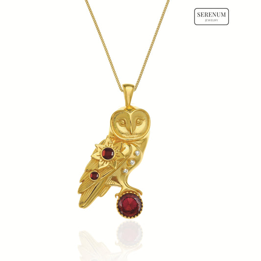 Gold Oracle Owl Pendant with Garnets