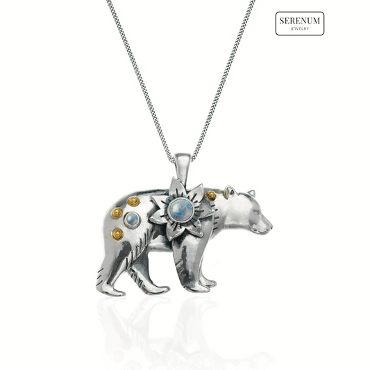 Silver Polar Bear Necklace with Moonstones