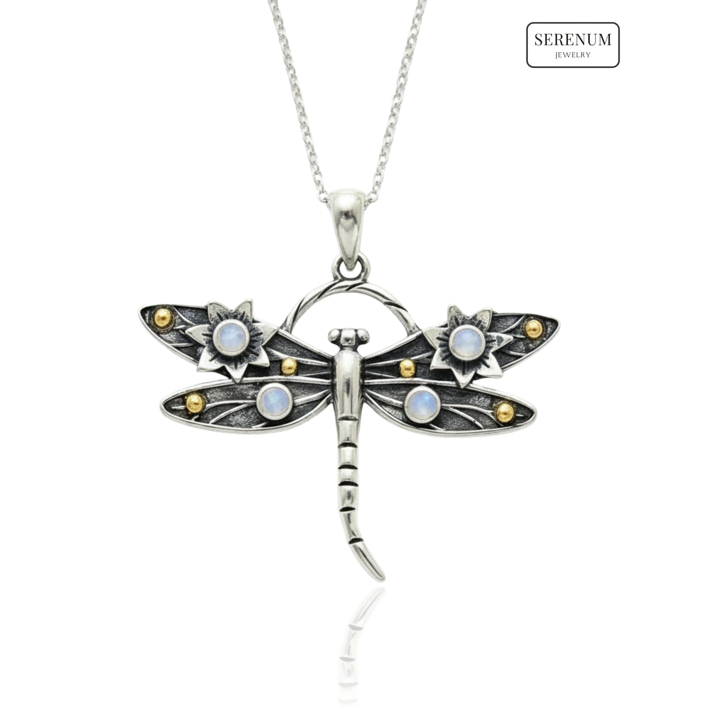 Silver Dragonfly Pendant with Moonstones