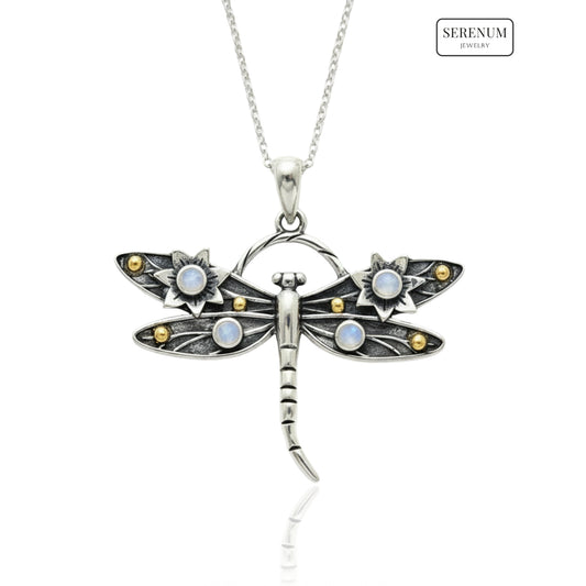 Silver Dragonfly Pendant with Moonstones