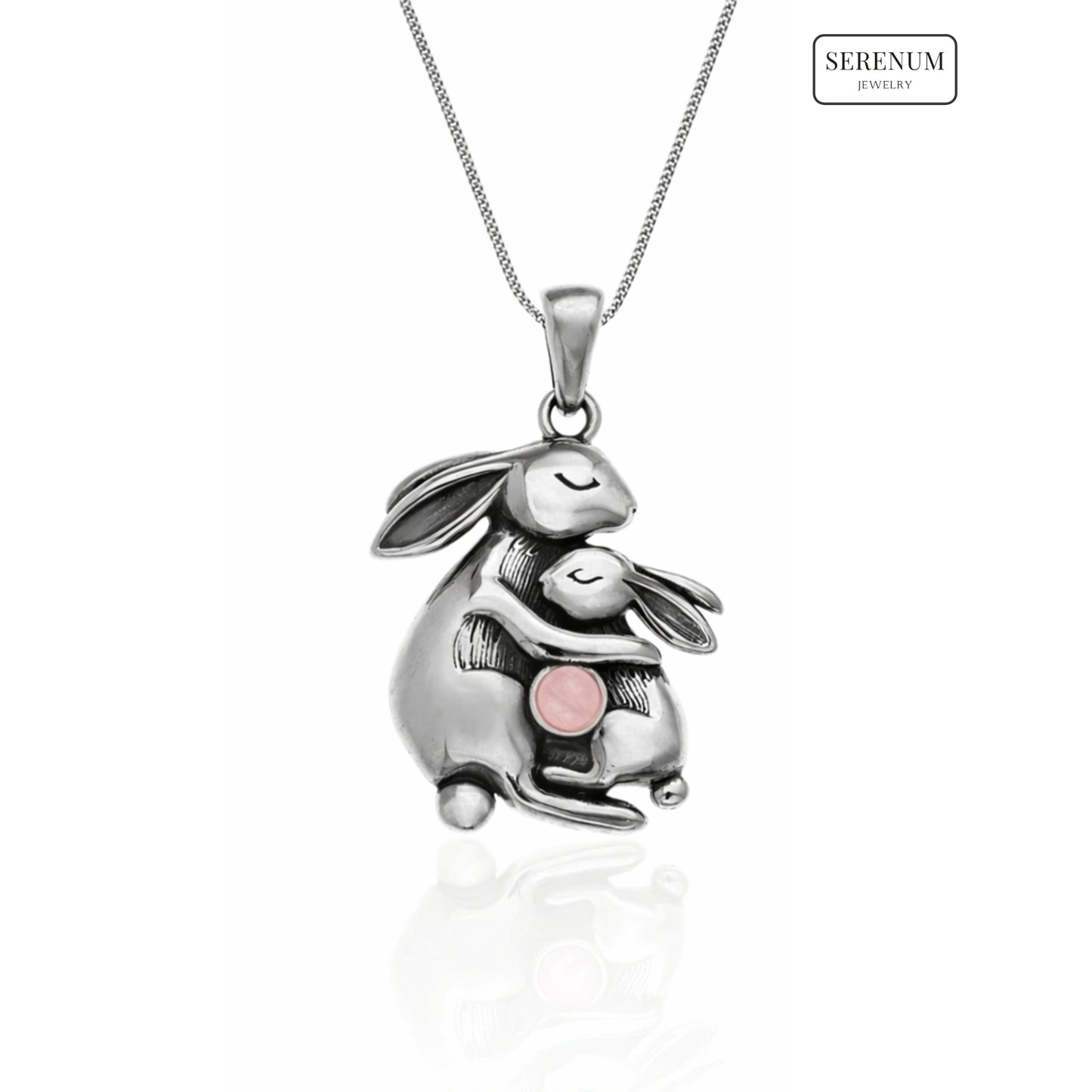 Silver Mum and Baby Bunny Necklace with Moonstone