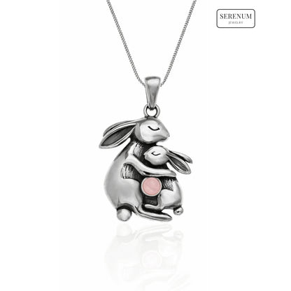 Silver Mum and Baby Bunny Necklace with Moonstone