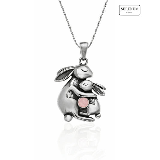 Silver Mum and Baby Bunny Necklace with Rose Quartz
