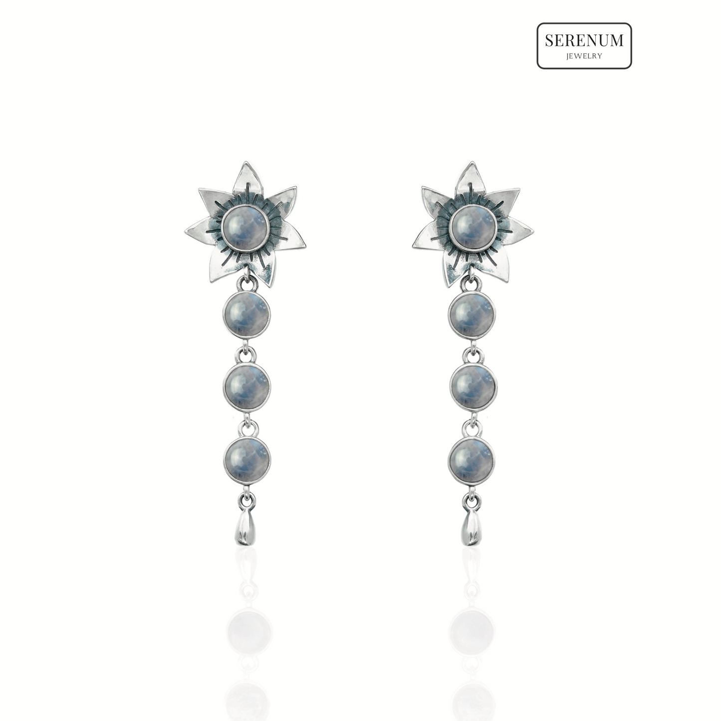Silver Flower Drop Earrings with Moonstones