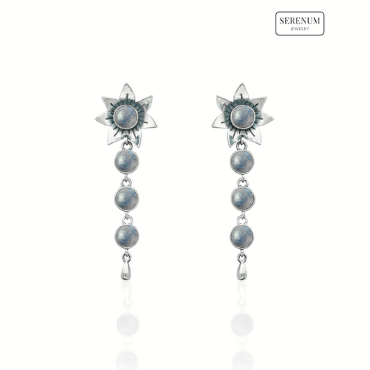 Silver Flower Drop Earrings with Moonstones