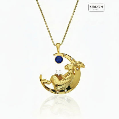 Gold Sleeping Bunny on Moon Necklace with Garnet