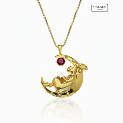 Gold Sleeping Bunny on Moon Necklace with Garnet