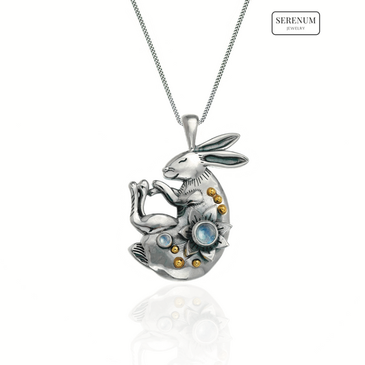 Silver Sleeping Bunny Necklace with Moonstones