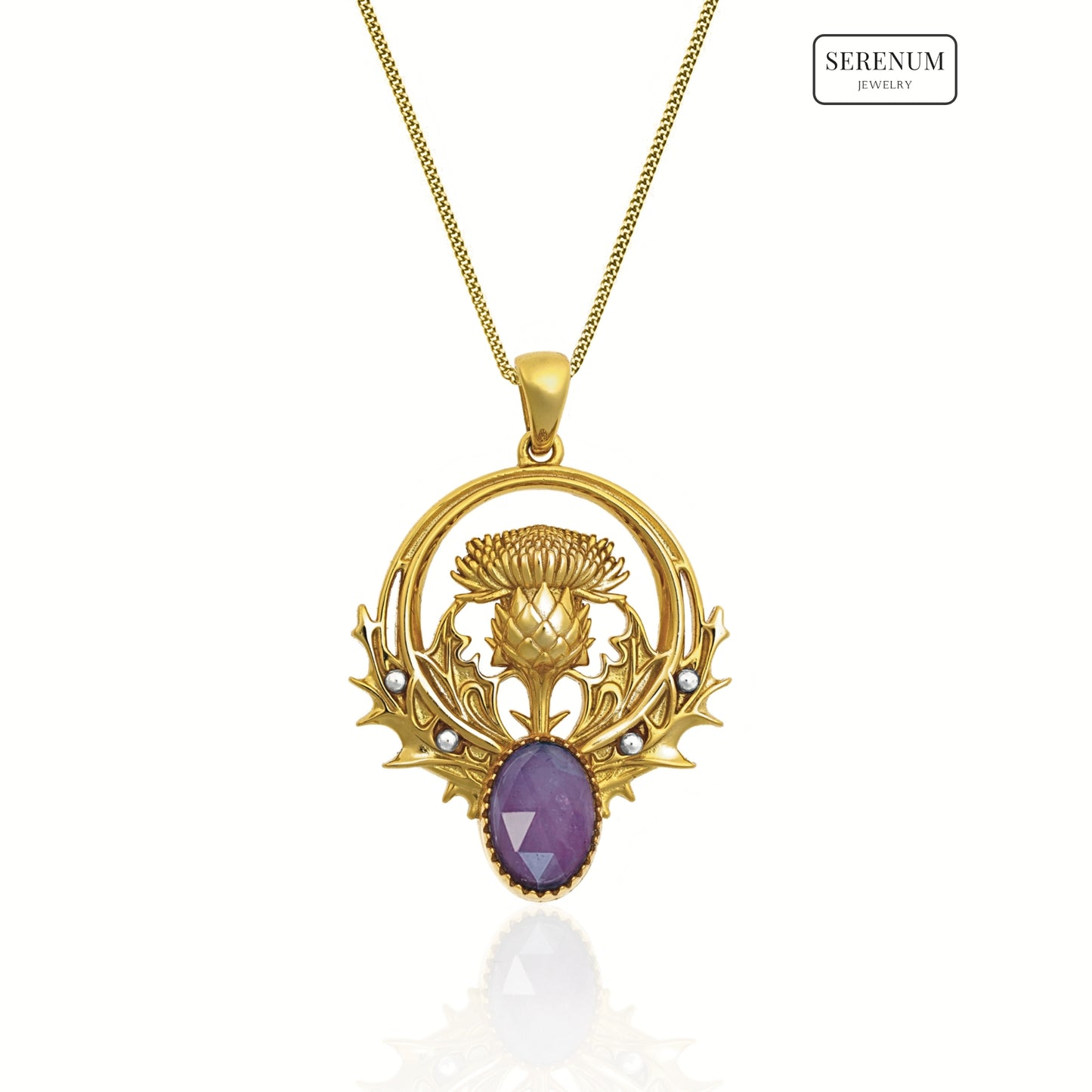 Gold Thistle Flower Necklace with Amethyst