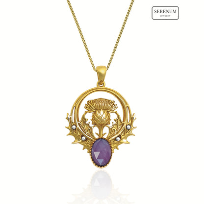Gold Thistle Flower Necklace with Amethyst