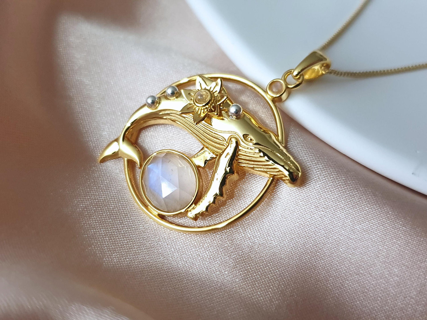 Gold Dainty Whale Necklace with Moonstones