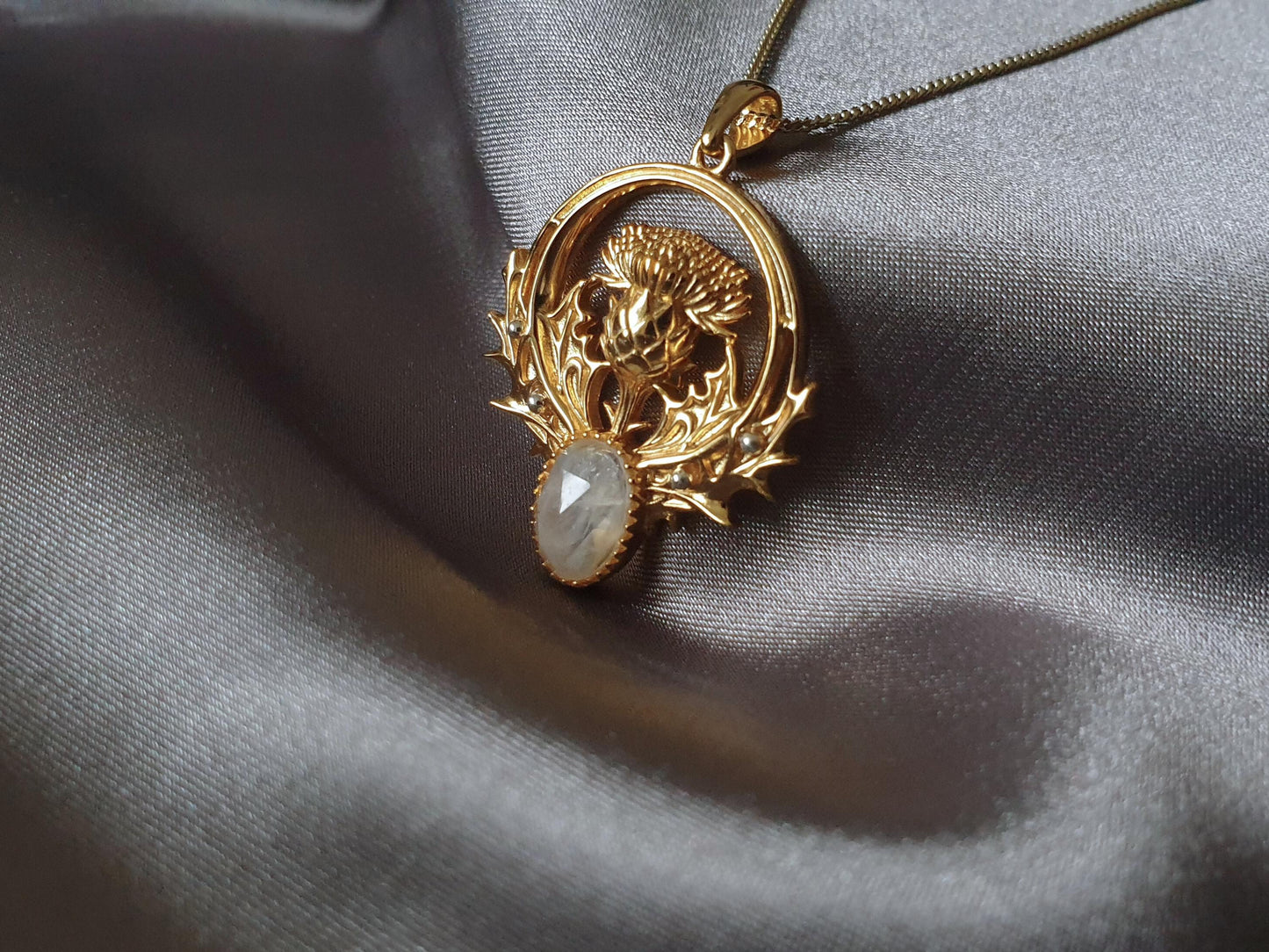 Gold Thistle Flower Necklace with Amethyst