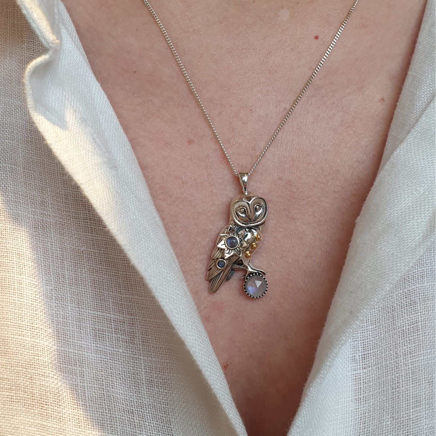 Silver Oracle Owl Pendant with Moonstones