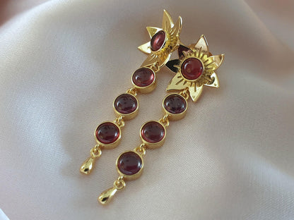 Gold Flower Drop Earrings with Garnets