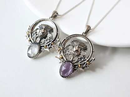 Silver Thistle Flower Necklace with Moonstone