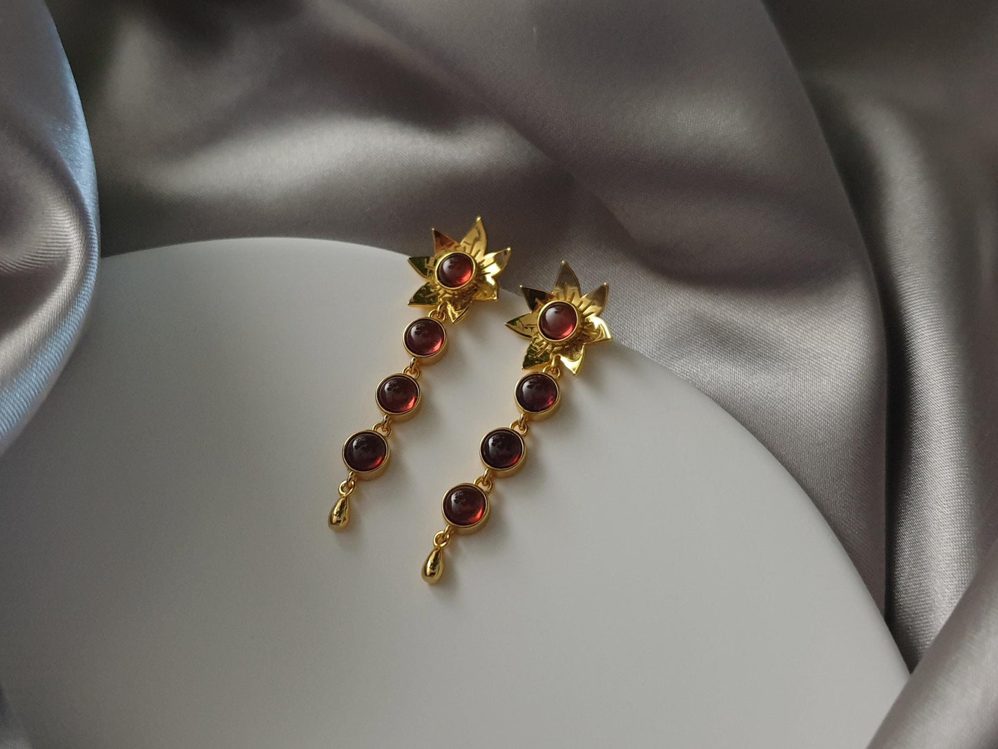Gold Flower Drop Earrings with Garnets