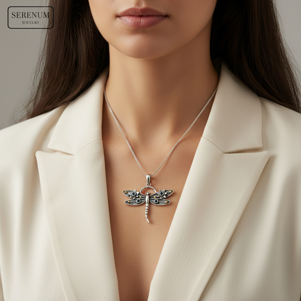 Silver Dragonfly Pendant with Moonstones