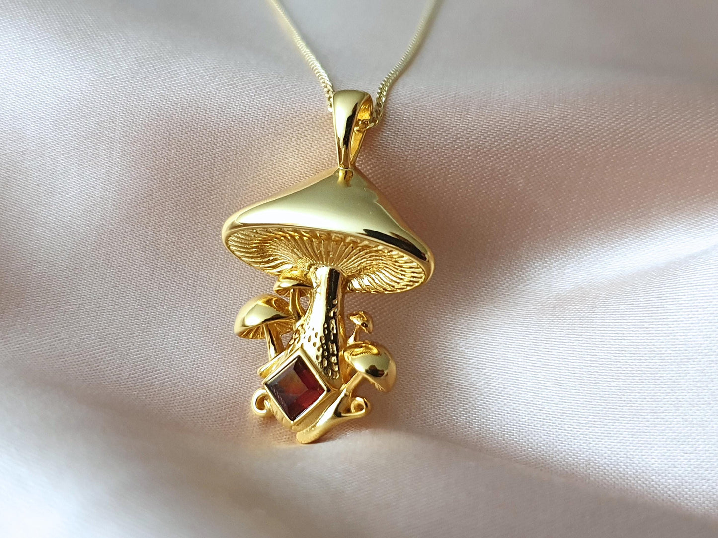 Gold Mushroom Necklace with Moonstone