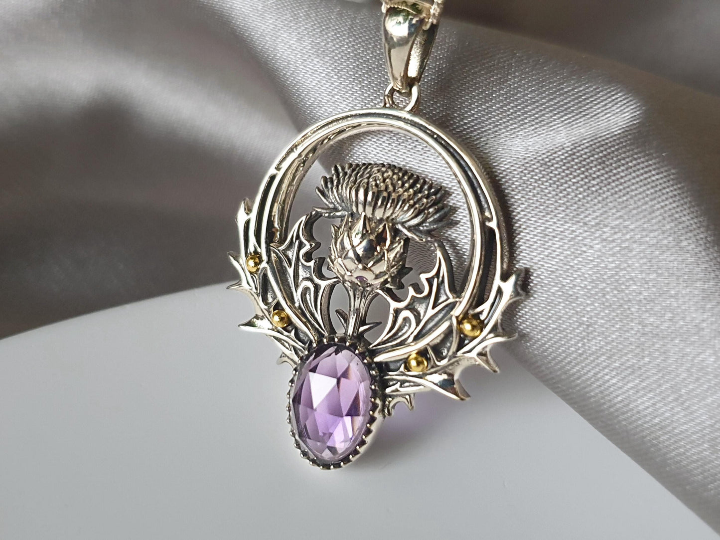 Silver Thistle Flower Necklace with Moonstone