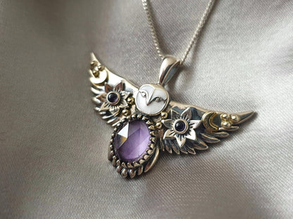 Silver Flying Owl Necklace with Moonstones