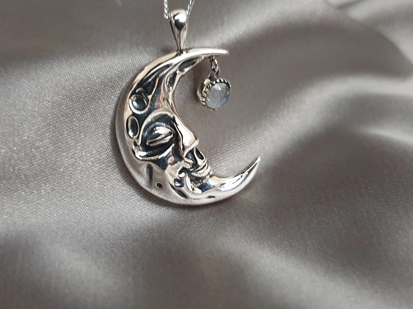 Silver Moon Crescent Necklace with Moonstone