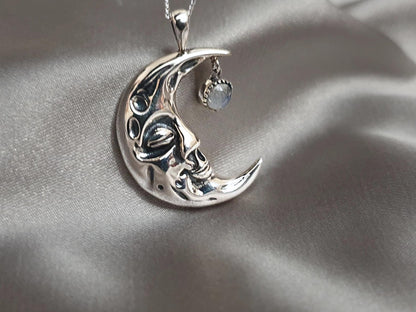 Silver Moon Crescent Necklace with Moonstone