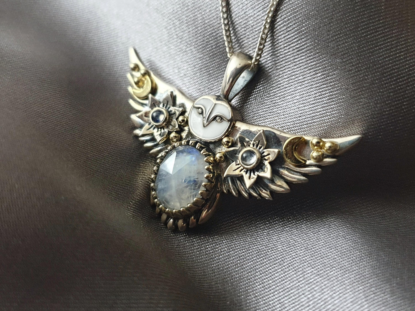 Silver Flying Owl Necklace with Moonstones