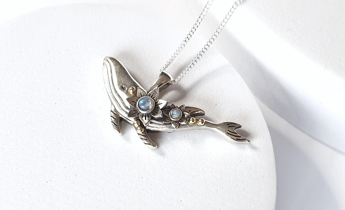 Silver Dainty Whale Necklace with Moonstones