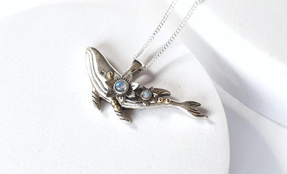 Silver Dainty Whale Necklace with Moonstones
