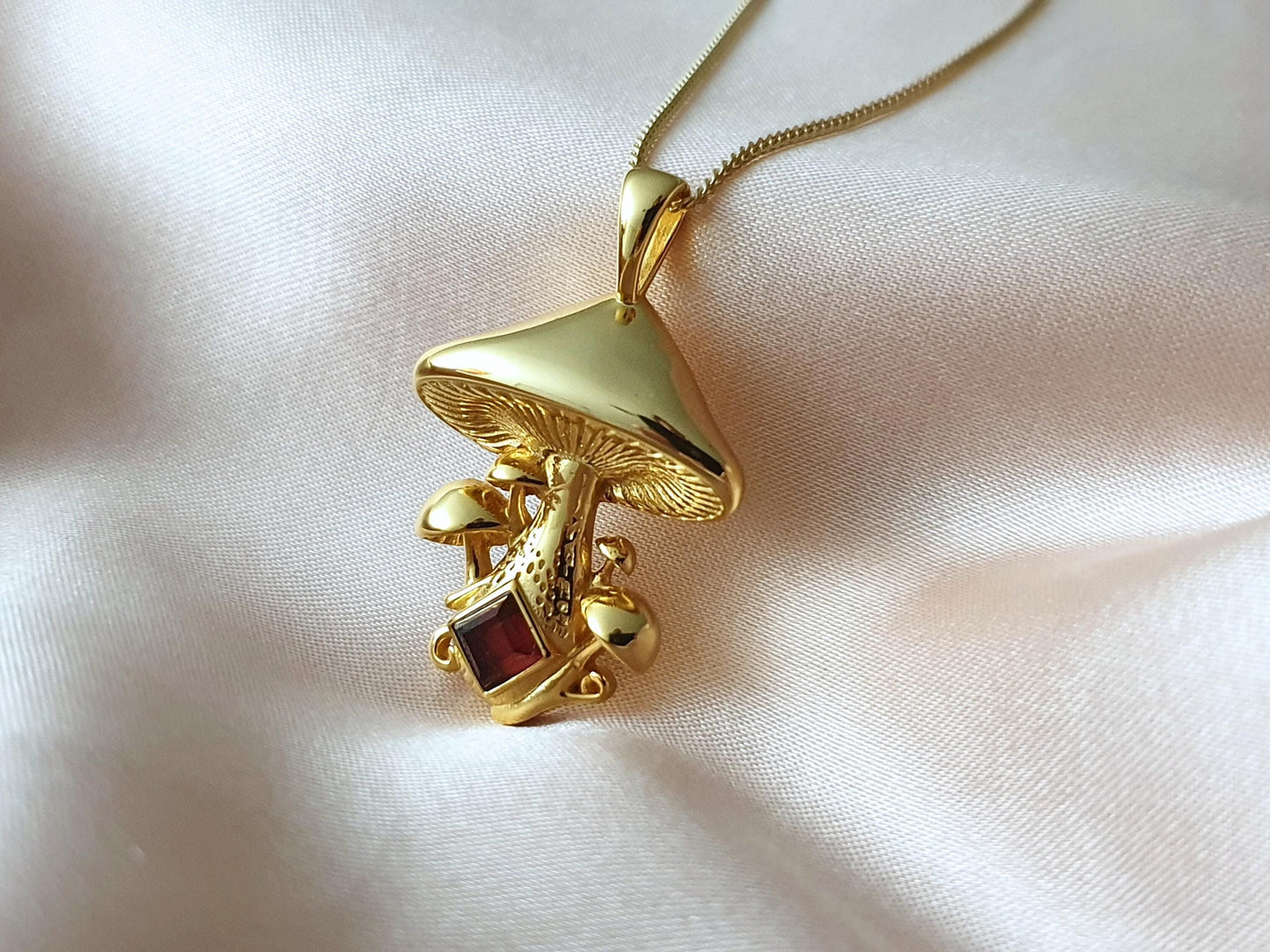 Gold Mushroom Necklace with Moonstone