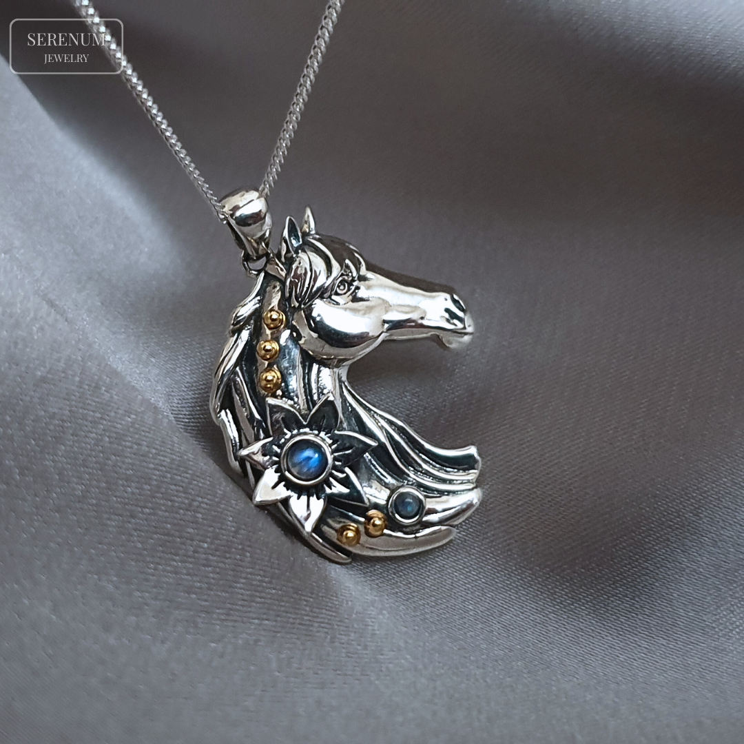 Silver Horse Necklace with Moonstones