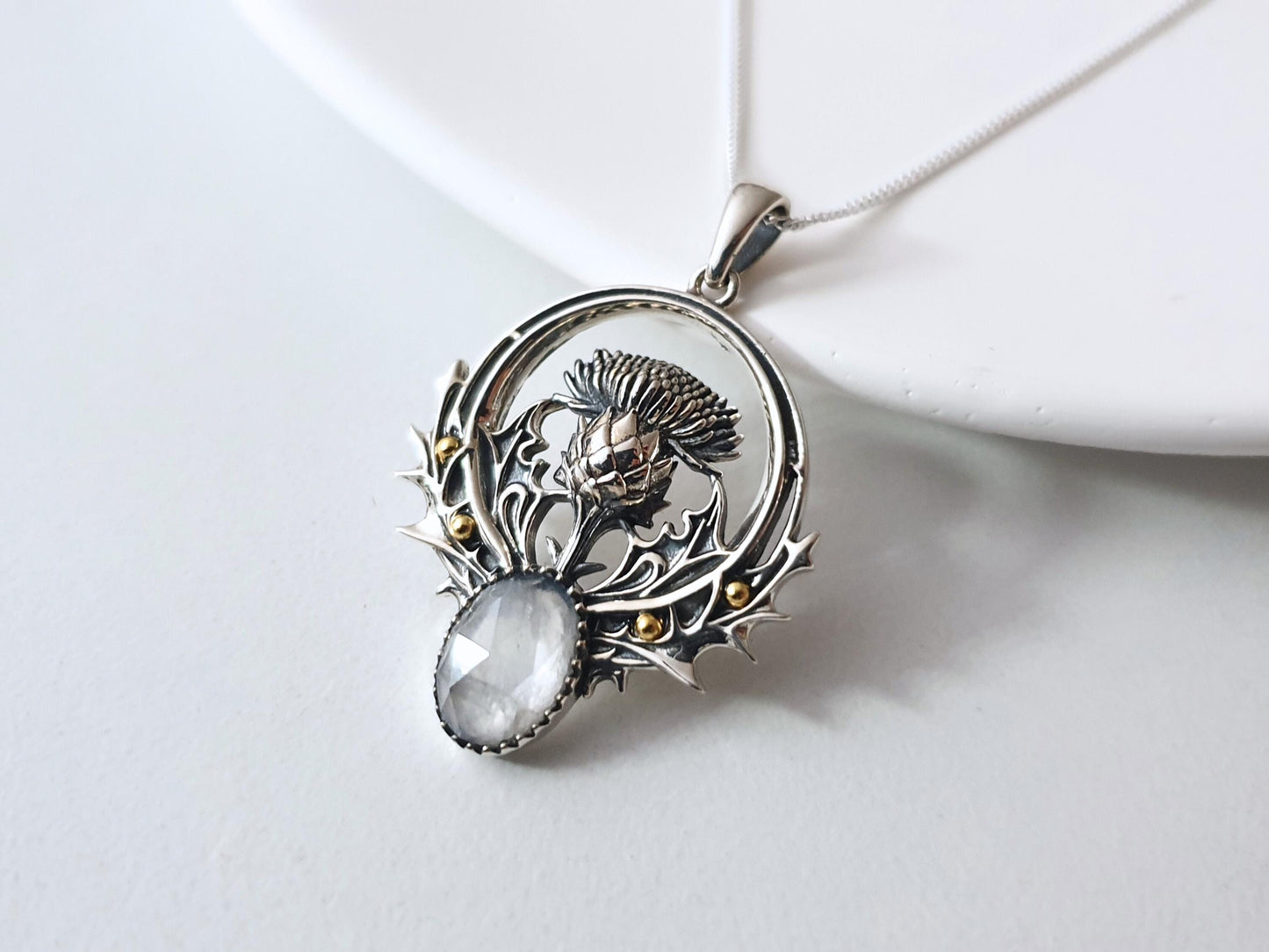 Silver Thistle Flower Necklace with Moonstone