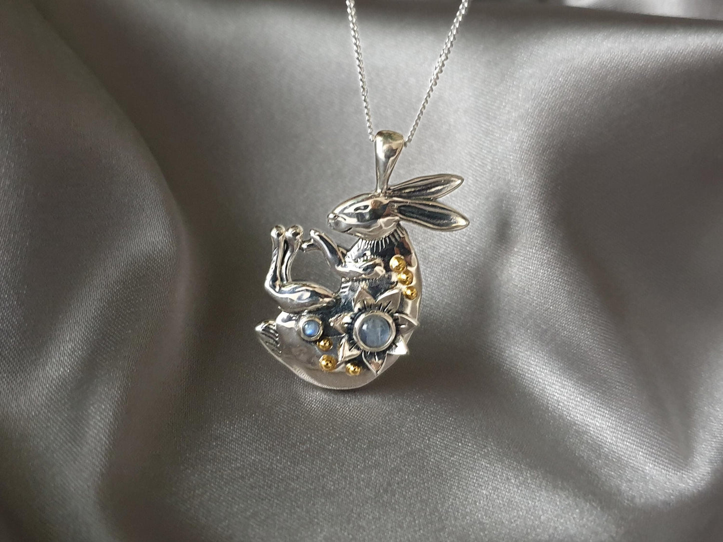 Silver Sleeping Bunny Necklace with Moonstones