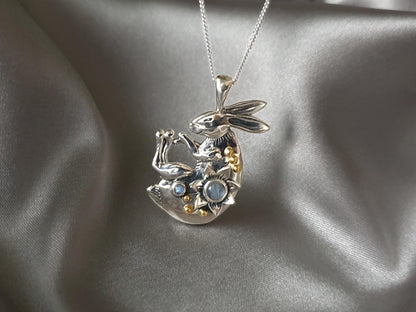 Silver Sleeping Bunny Necklace with Moonstones