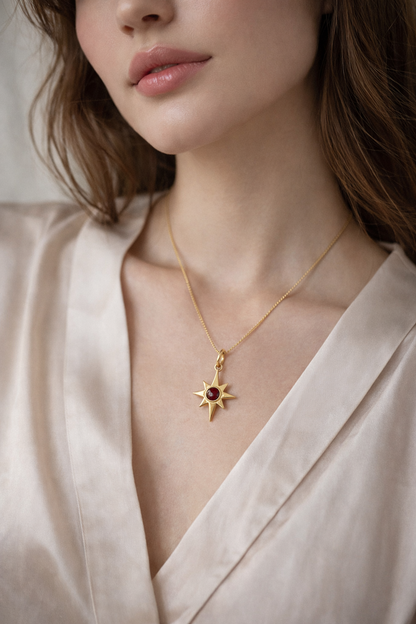18k Gold North Star Pendant with Garnet