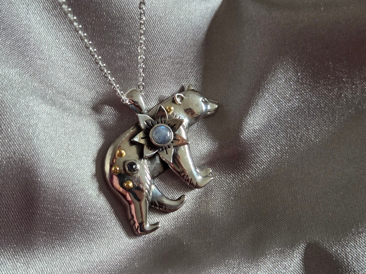 Silver Polar Bear Necklace with Moonstones