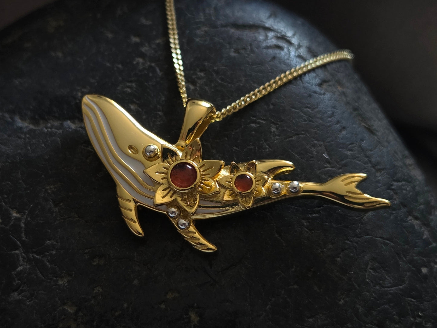 Gold Dainty Whale Necklace with Aquamarines