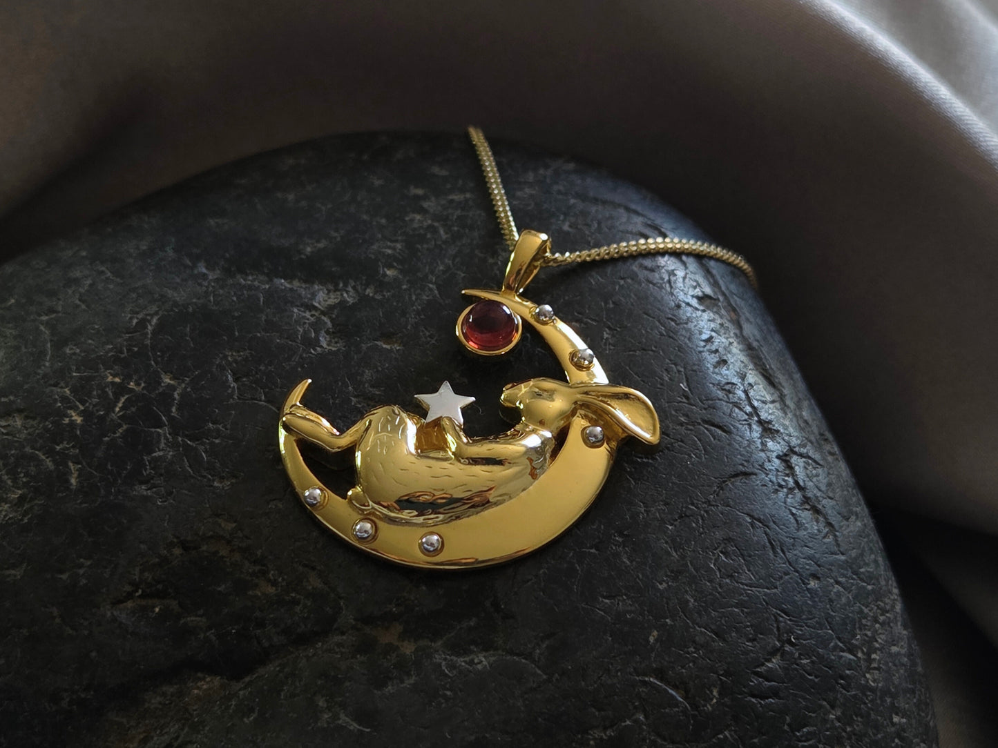 Gold Sleeping Bunny on Moon Necklace with Garnet