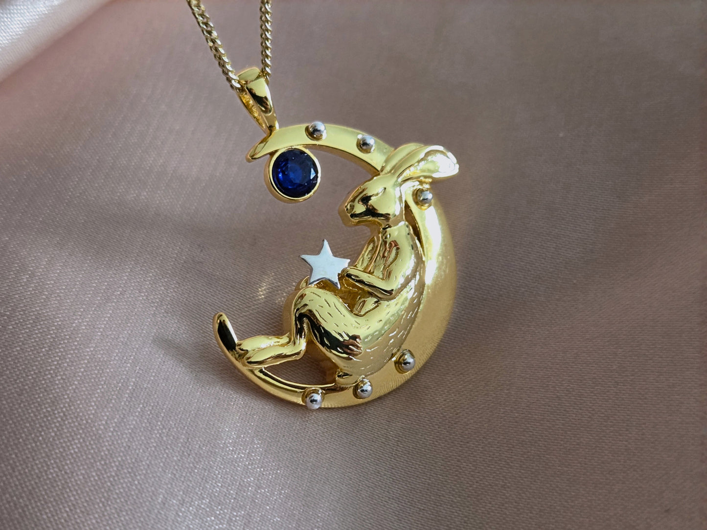 Gold Sleeping Bunny on Moon Necklace with Garnet