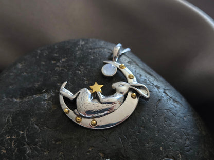 Silver Sleeping Bunny on Moon Necklace with Moonstones