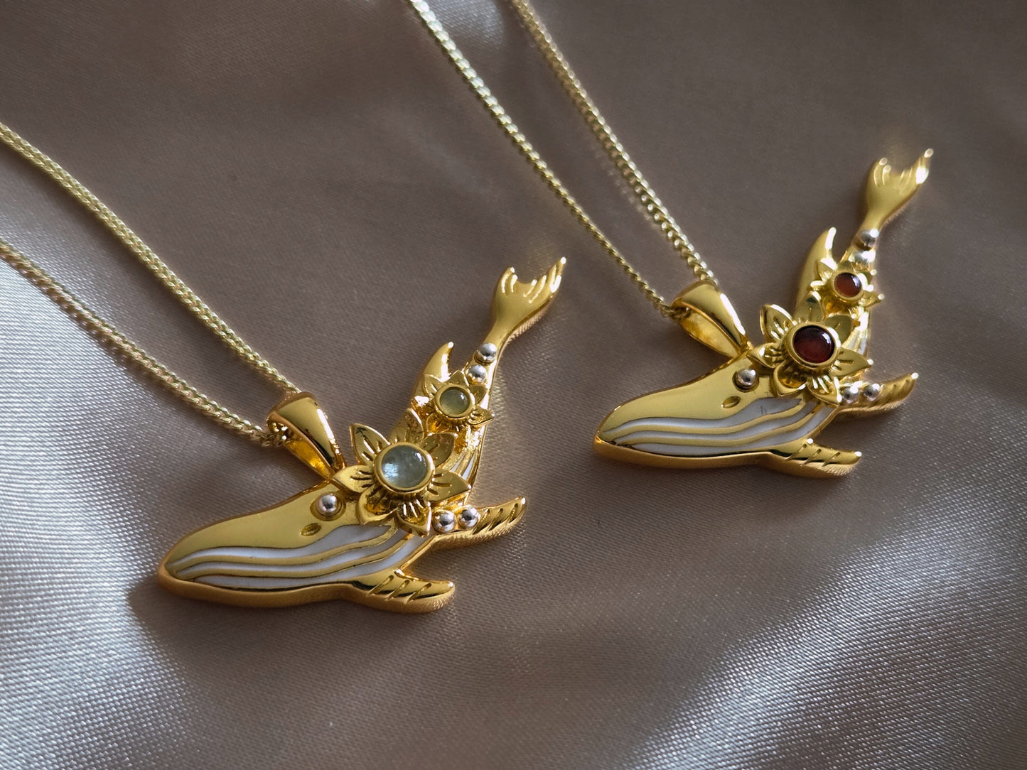 Gold Dainty Whale Necklace with Garnets