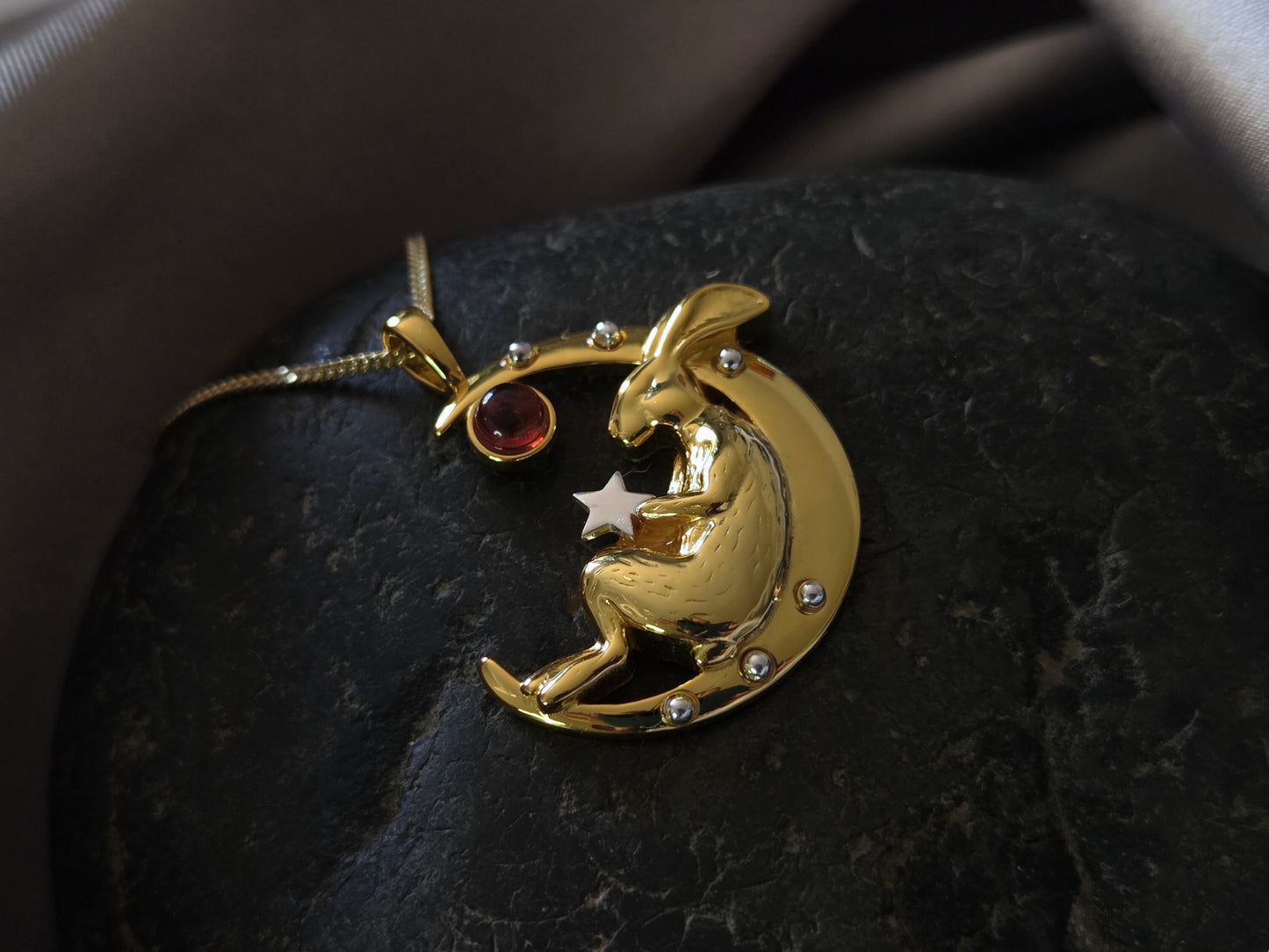 Gold Sleeping Bunny on Moon Necklace with Garnet