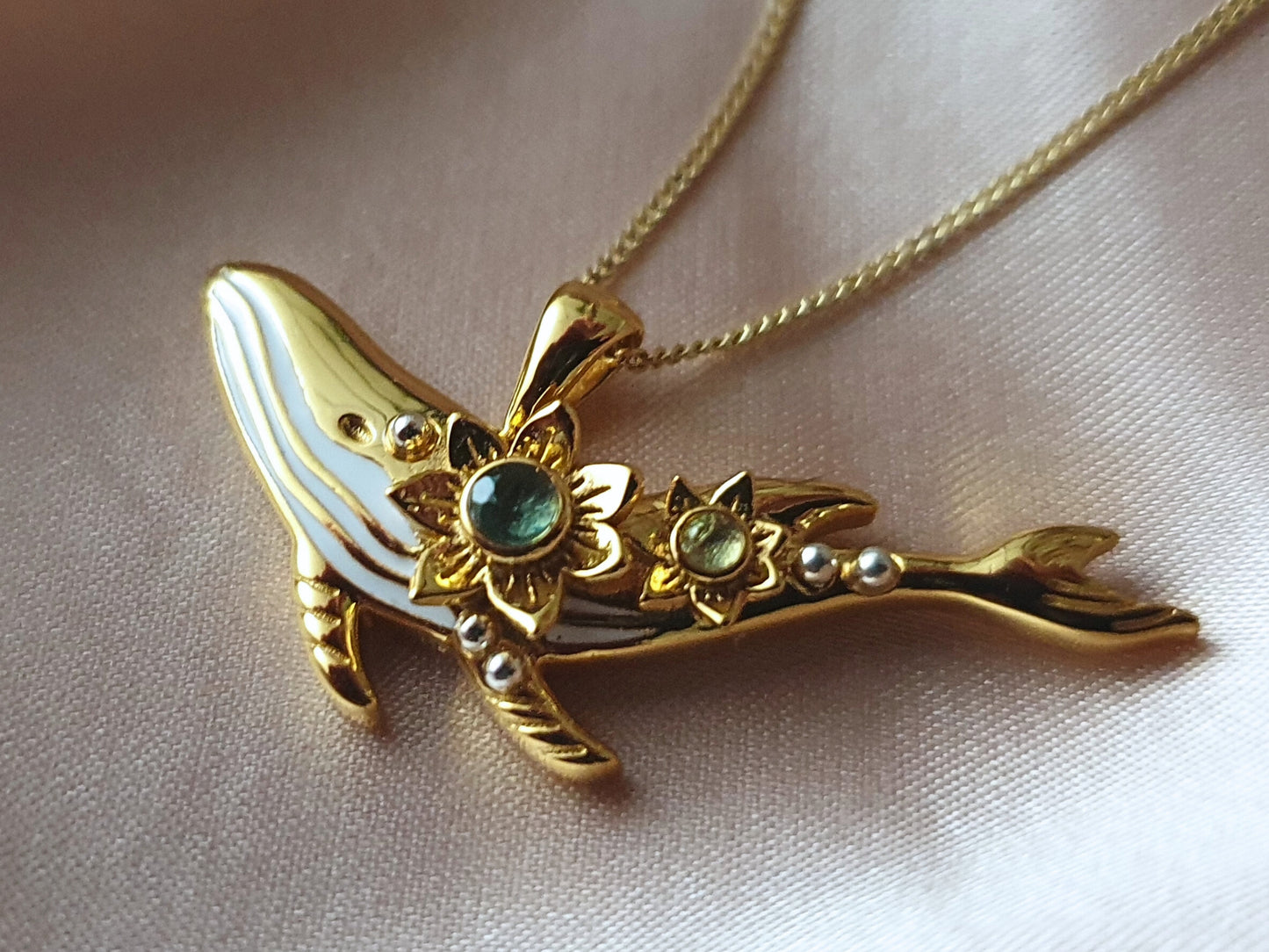 Gold Dainty Whale Necklace with Aquamarines