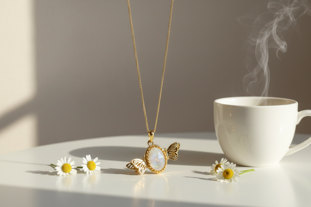 Gold Candy Butterflies Necklace with Moonstone