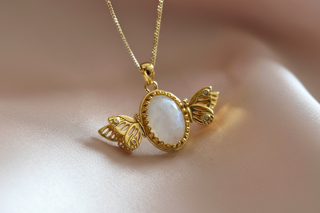 Gold Candy Butterflies Necklace with Moonstone